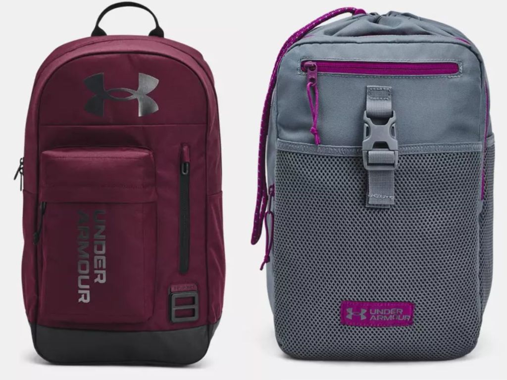 dark maroon Under Armour backpack and a grey and purple Under Armour sling backpack
