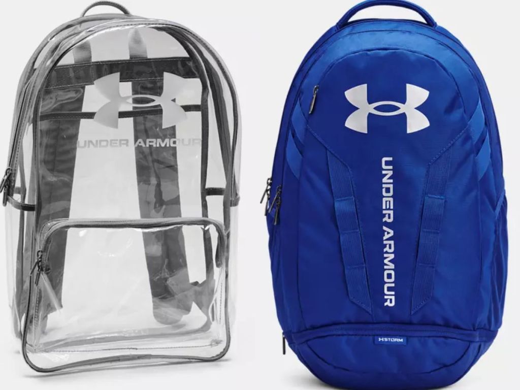 a clear Under Armour Backpack and a Royal Blue Under Armour large backpack