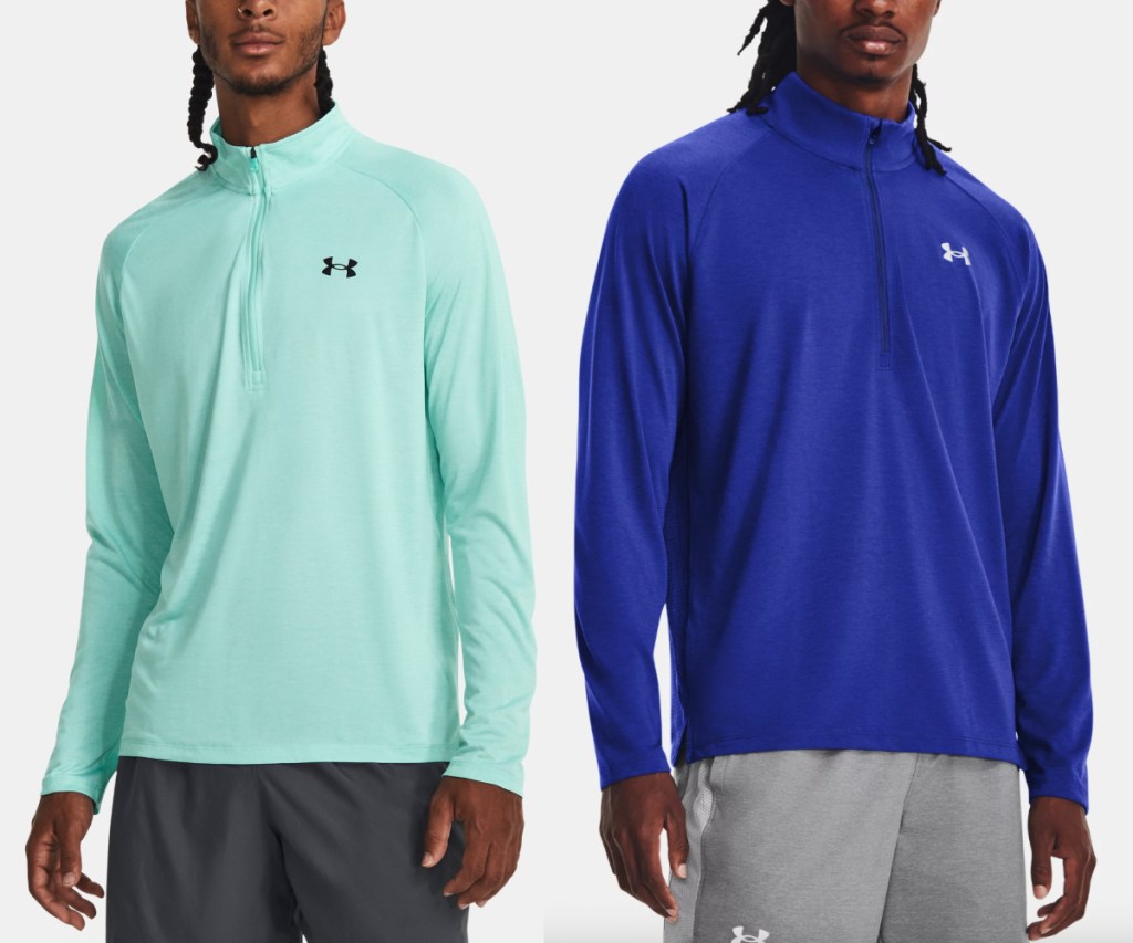 two men wearing teal and blue pullovers