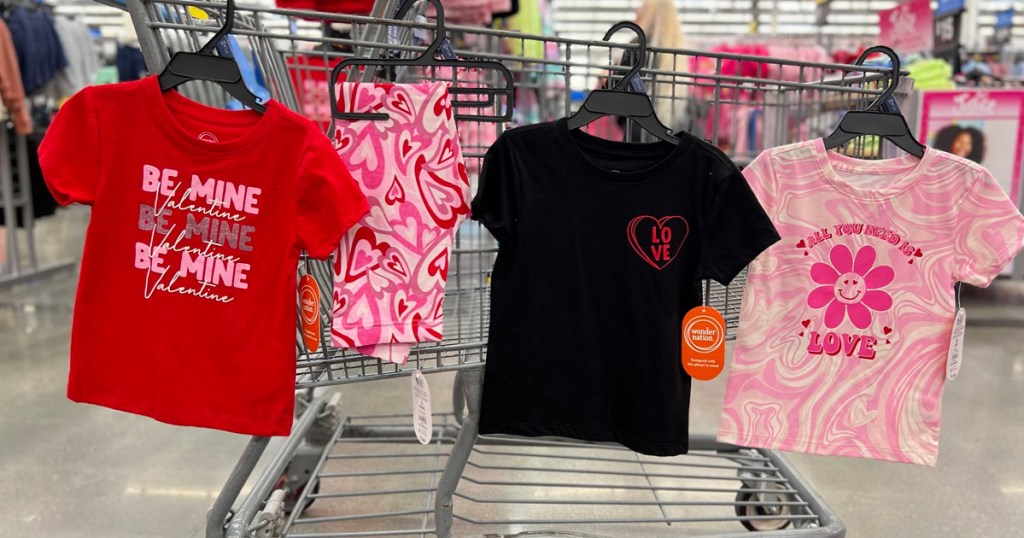 valentines shirts hanging on walmart shopping cart in store