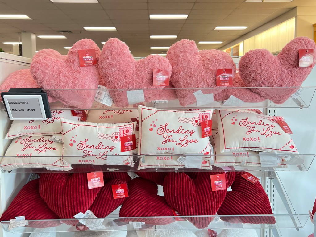 store display of valentines day pillows