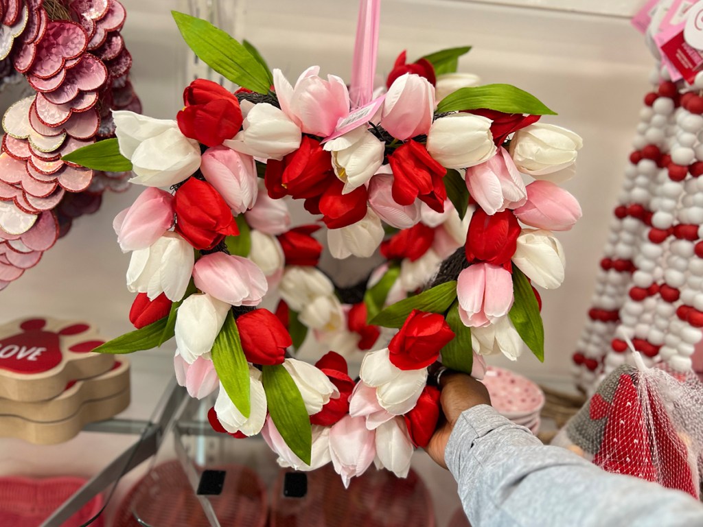 red, white, and pink tulip heart wreath