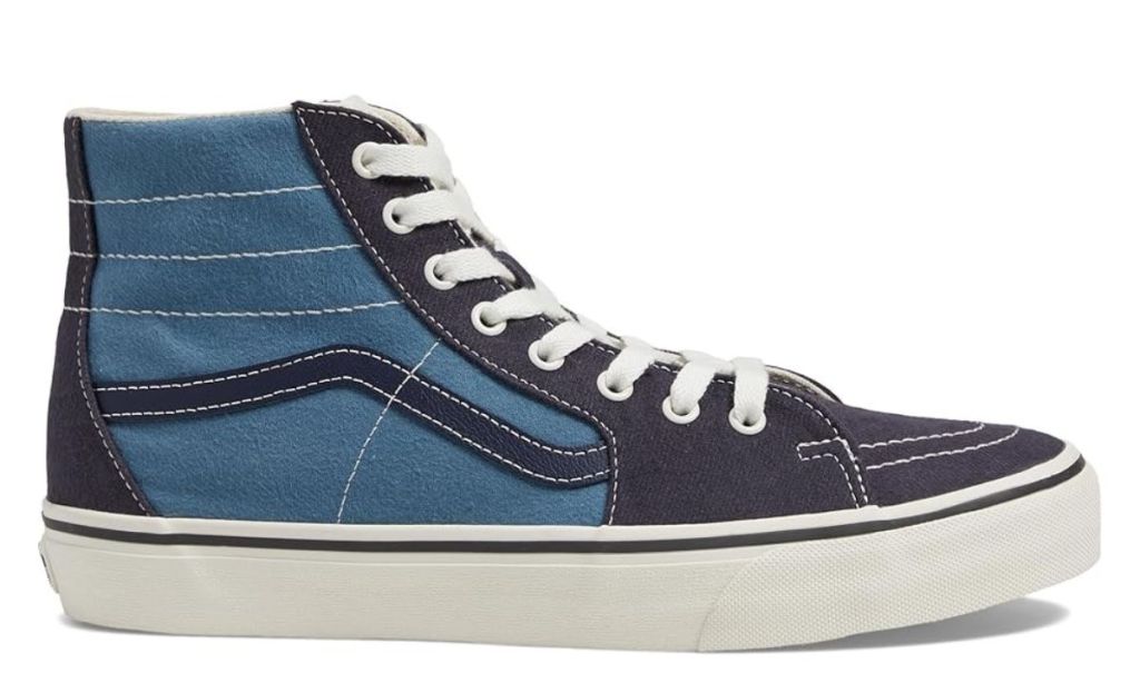 blue vans hi top with white background