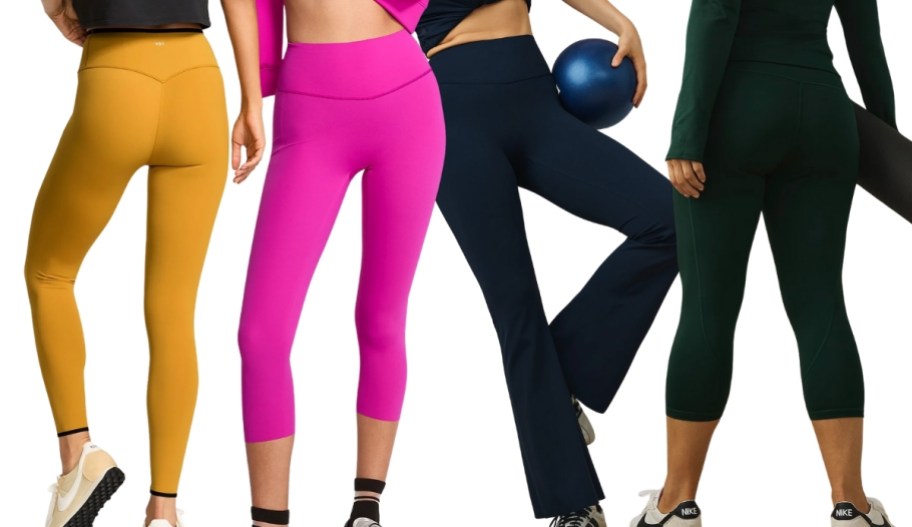 four models wearing four different styles of leggings
