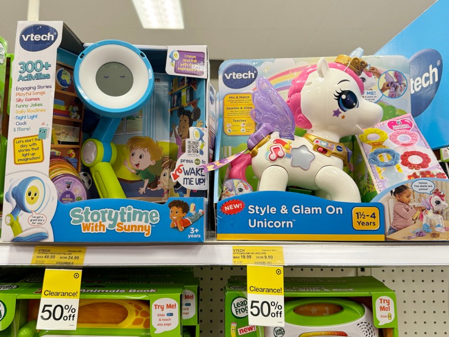 vtech storytime and unicorn toy on shelf 