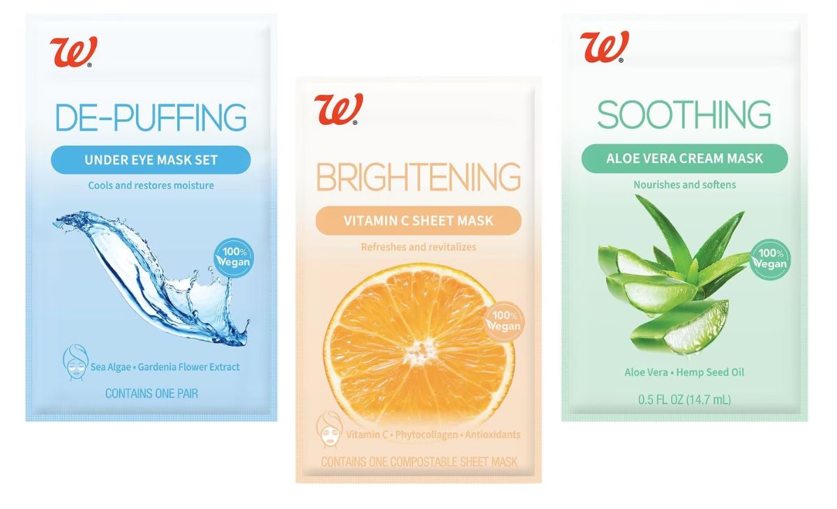 3 walgreens brand facial masks with white background
