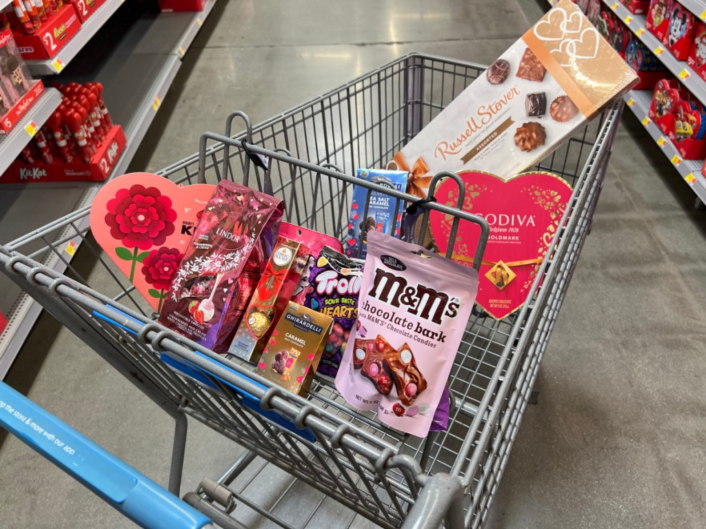 Walmart shopping cart full of Valentine's Day items