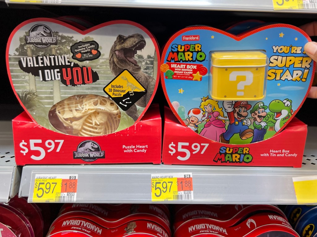 Jurassic Park and Mario brothers Valentine's Day heart boxes inside Walmart store