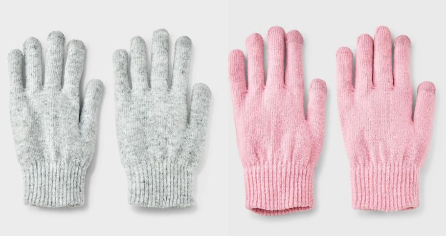 two sets of womens gloves in gray and pink