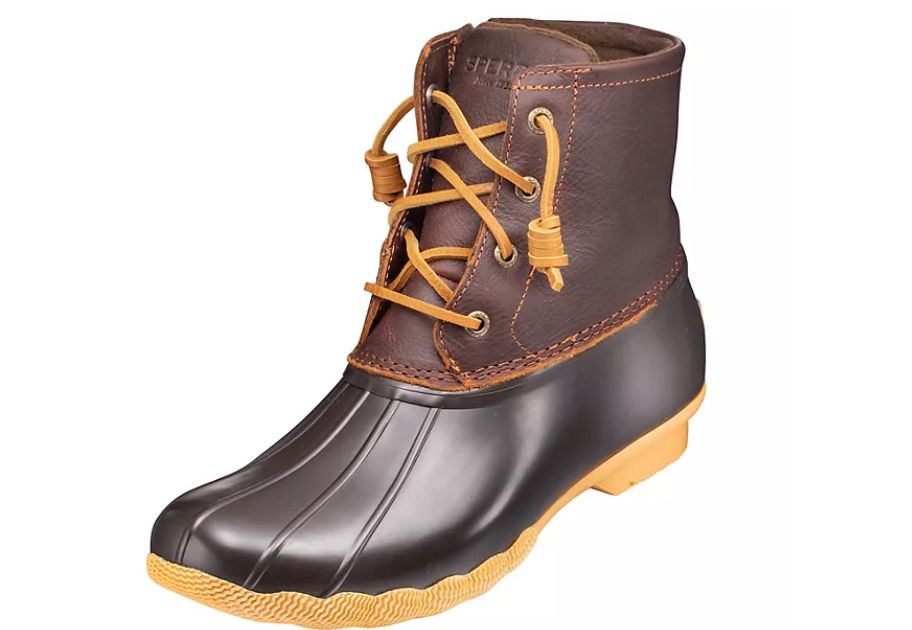 single Sperry women's saltwater duck boot in brown and tan