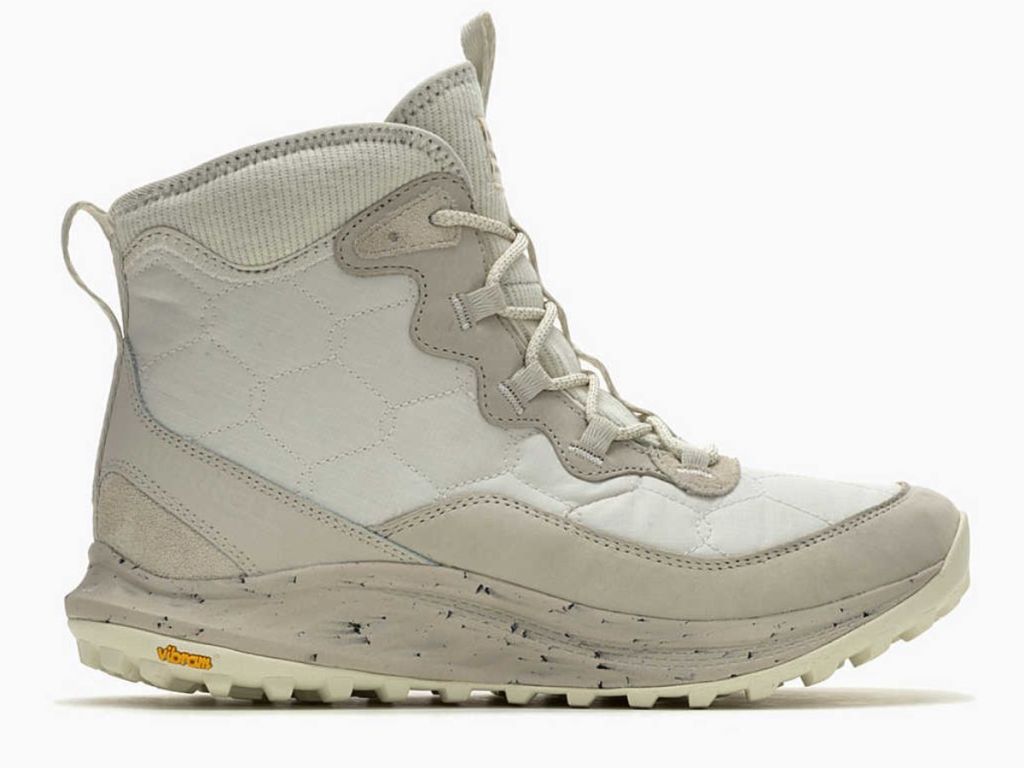 single white and tan Merrell women's hiking sneaker boot