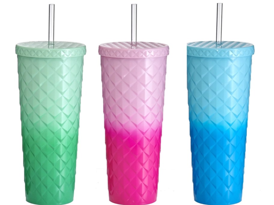 green, pink and blue ombre diamond studded tumblers with straws