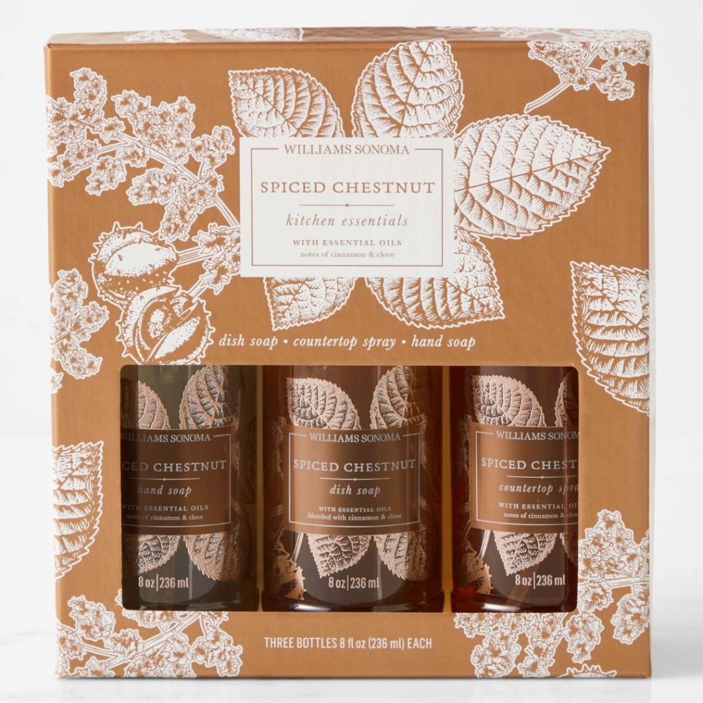 boxed set of Williams Sonoma Spiced Chestnut Kitchen Essentials products