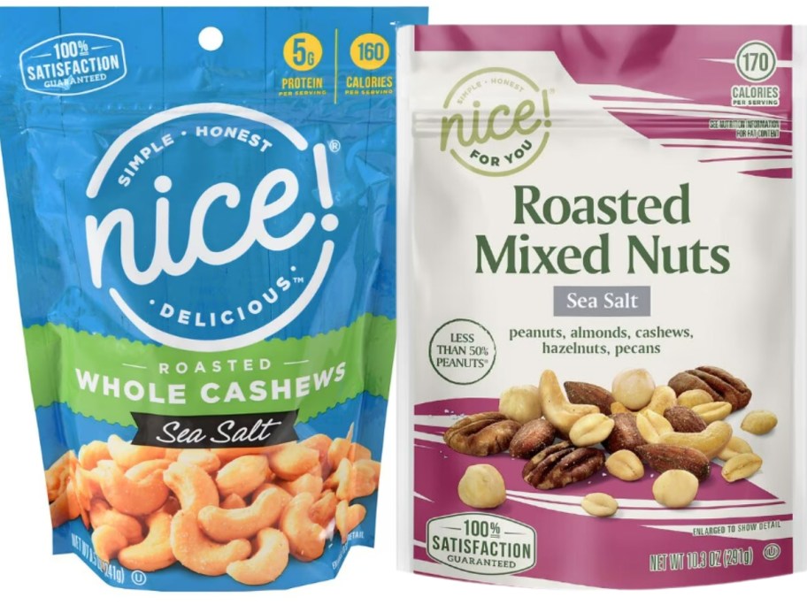 bag of Nice Nuts Whole Cashews and Bag of Nice Nuts Roasted Mixed Nuts