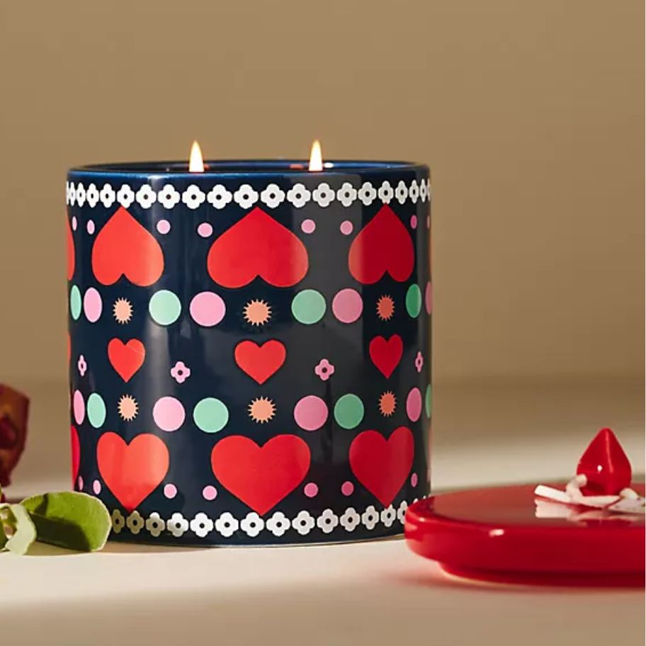 ceramic candle with hearts and polka dots