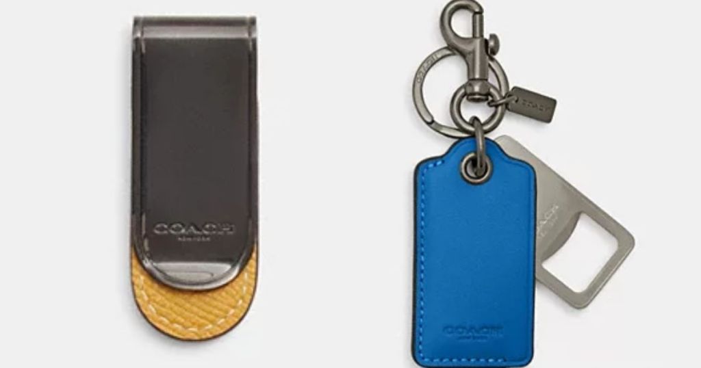 Black and Yellow Coach Money Clip and Blue Coach Key Fob with Bottle Opener