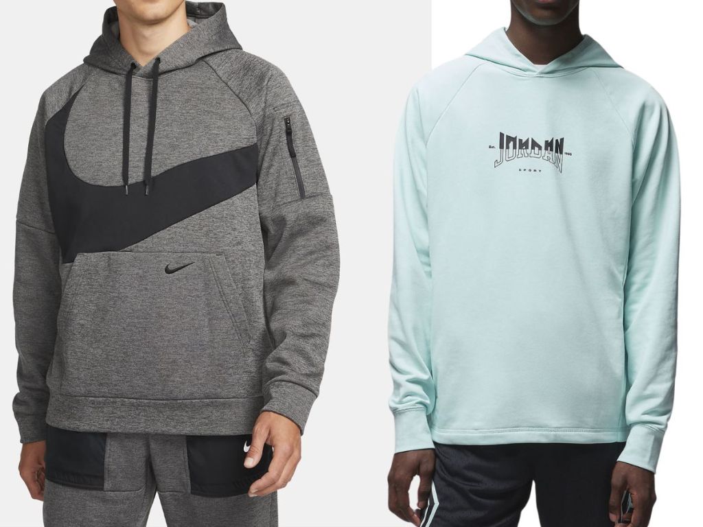 man wearing a grey Nike hoodie and man wearing a light blue Jordan hoodie