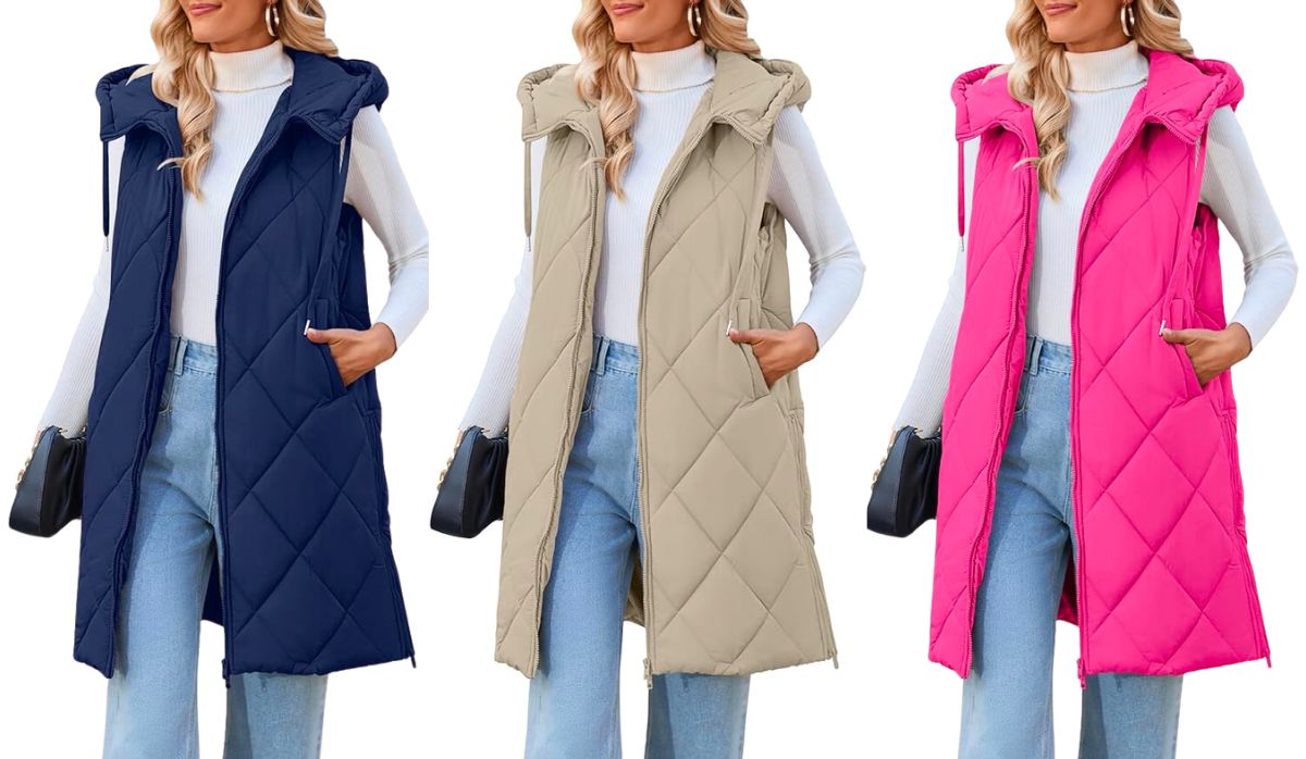 3 models wearing hooded long puffer vests in navy, khaki, and magenta