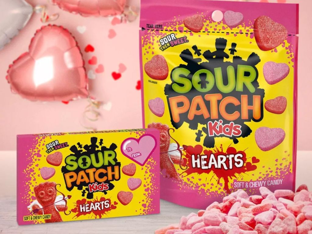 Sour Patch Kids Valentine's Hearts small box and large bag with Valentines decor