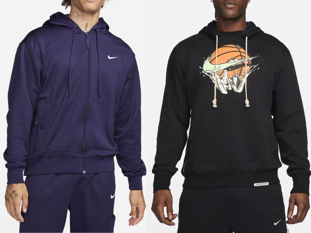 man wearing a navy zip up Nike hoodie and man wearing a black Nike Basketball hoodie