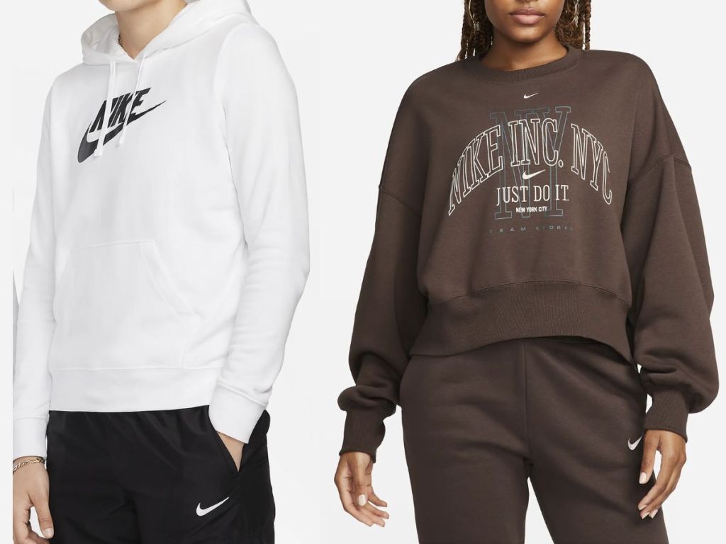 woman wearing a white Nike Hoodie and woman wearing a brown Nike cropped sweatshirt