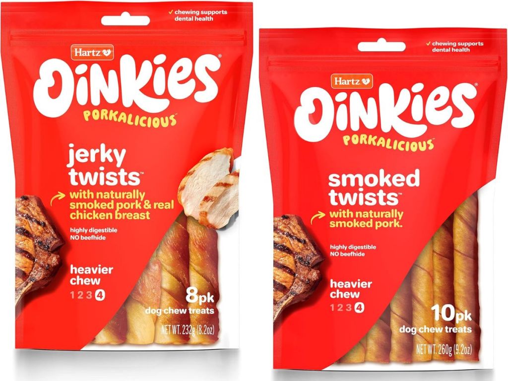 bags of different Hartz Oinkies Dog Treats
