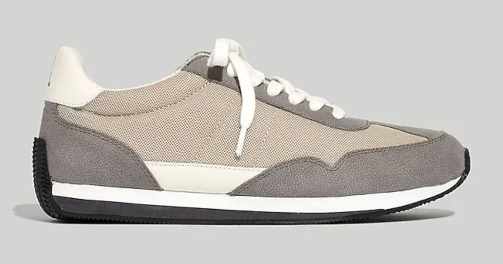 image of single Madewell sneaker in white, tan and brown