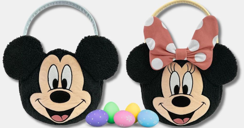 Mickey and Minnie Mouse Easter Treat Baskets with colorful easter eggs laying in front