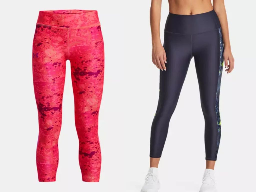 colorful pair of Under Armour girl's leggings & woman wearing women's Under Armour leggings