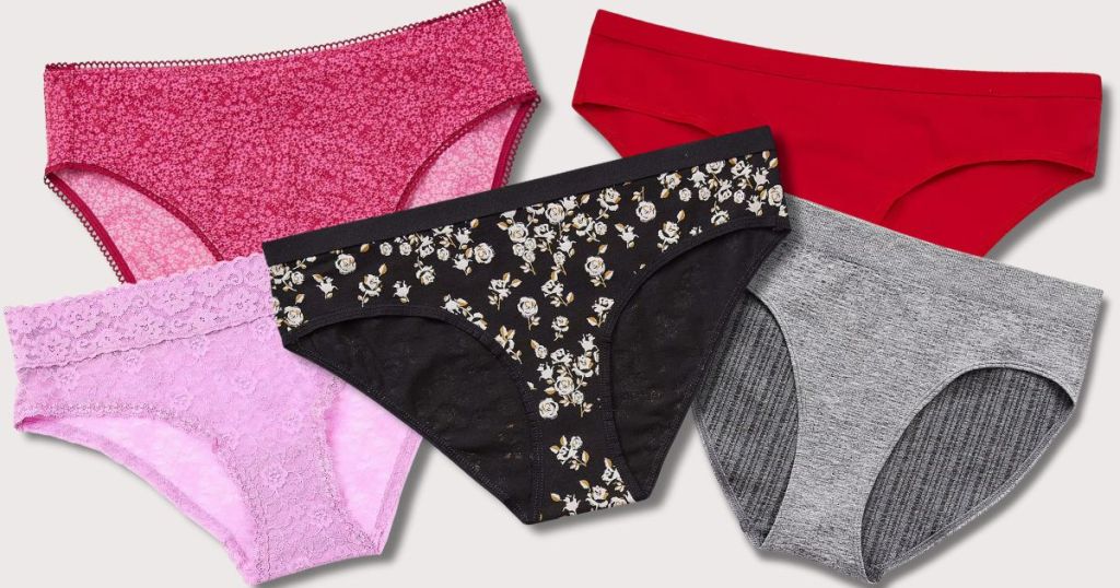 five pairs of different color and styles women's panties, lilac lace, pink floral, black floral, red and grey stripes