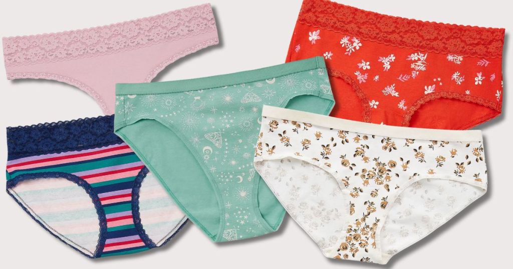 five pairs of women's panties in different style and colors, pink lace, blue stripe, green celestial, white flowers and red flowers