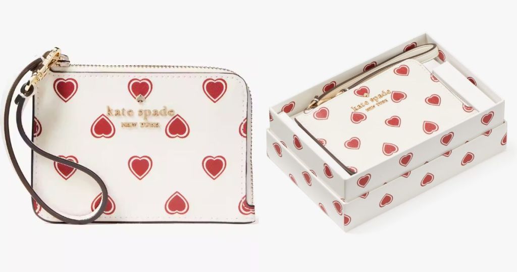 Kate spade white wristlet with red hearts shown beside the gift box set it comes in