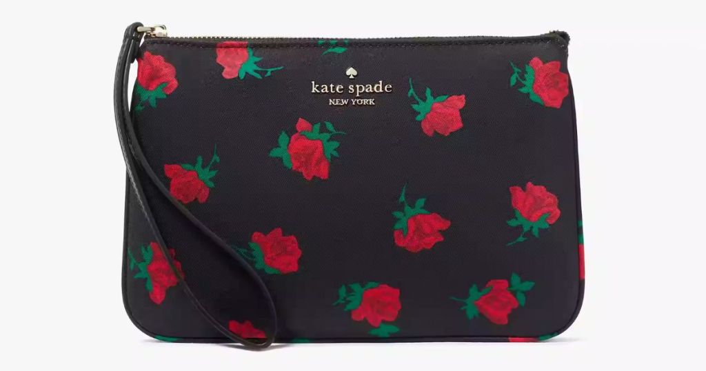 small Kate Spade wristlet in black with red roses