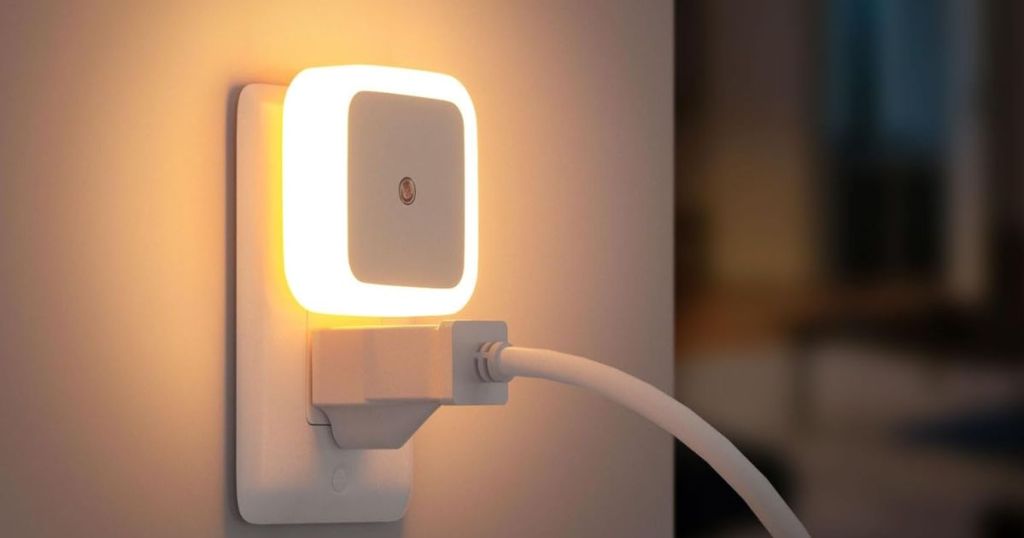 warm white square nightlight plugged into outlet