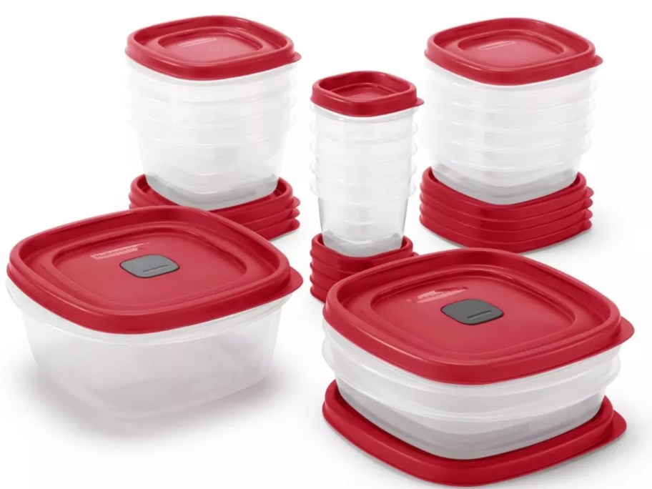 Rubbermaid Easy Find Lids set with clear containers and red lids in various sizes