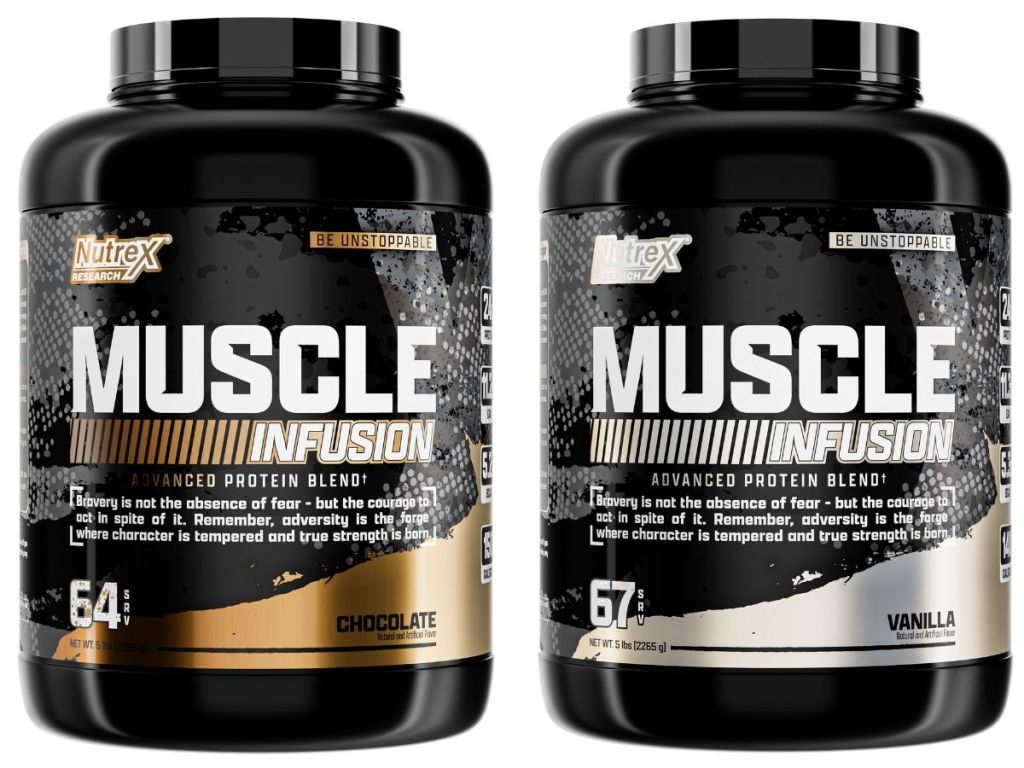 large containers of Nutrex Research Muscle Infusion Advanced Whey Protein Blend Powder
