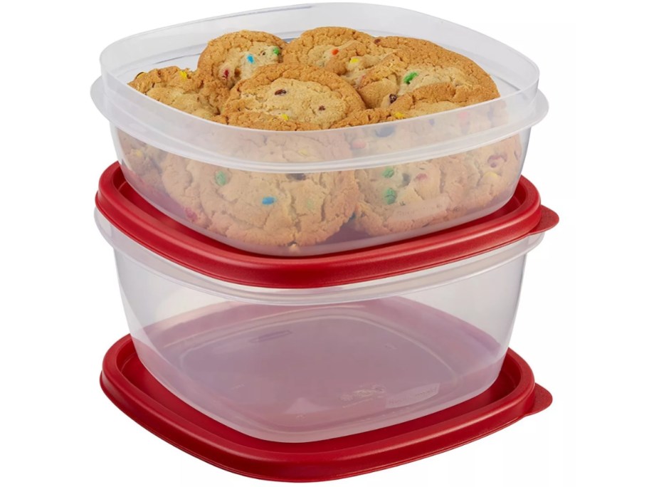 2 large clear Rubbermaid containers with red lids, 1 filled with cookies