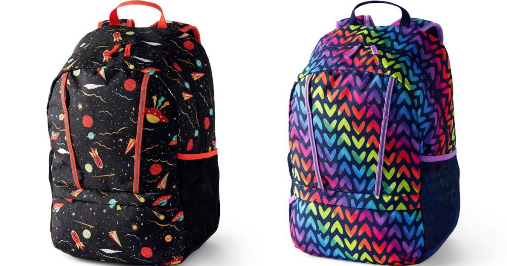 black and red astronaut and multi color hearts Lands End kids backpacks