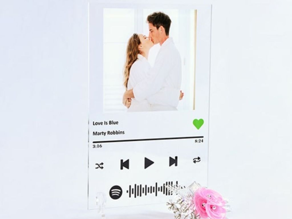Custom Spotify Song Plaque with photo of couple kissing and song info