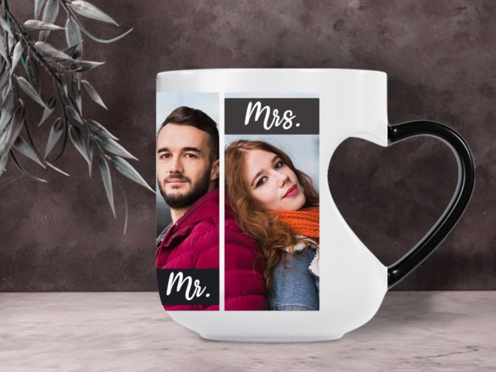 coffee mug with heart cut out handle with photo of couple on it