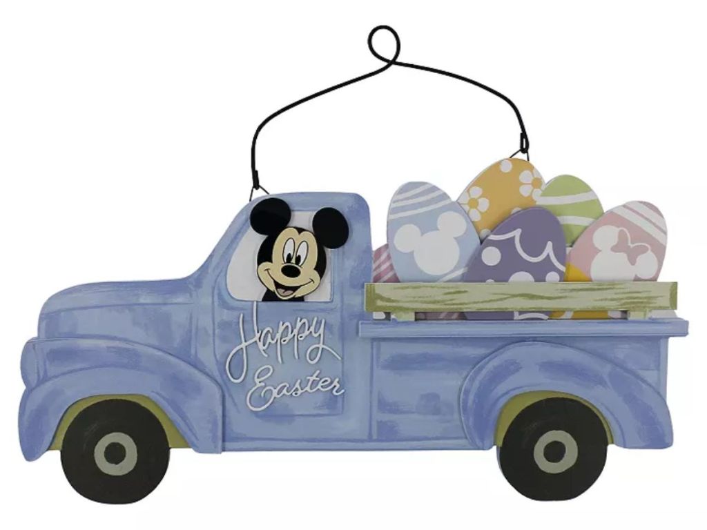 Disney Easter Decor wall hanging with Mickey driving a blue truck with Easter eggs in the back