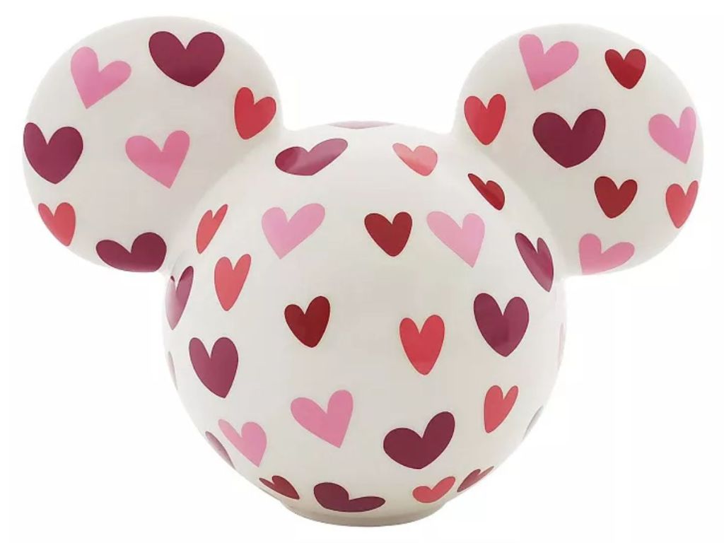 large Mickey Mouse head shaped white vase with pink and red hearts