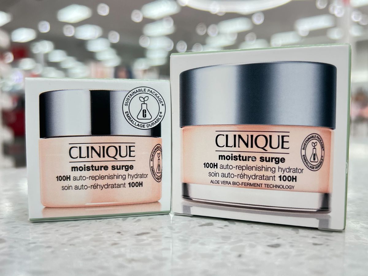 Clinique Moisture skincare set in boxes on counter