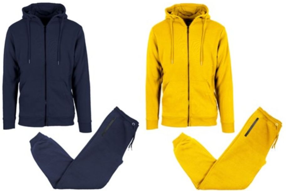 navy and yellow mens zip hoodie and jogger sets.