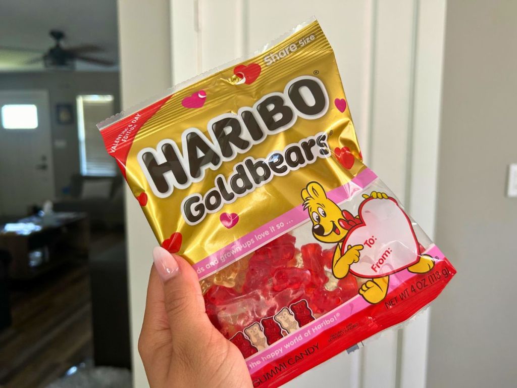 hand holding bag of Haribo Goldbears Valentine's Gummy Bears