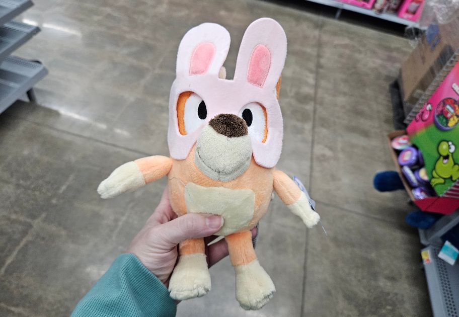 person's hand holding a Bingo Easter Plush at Walmart