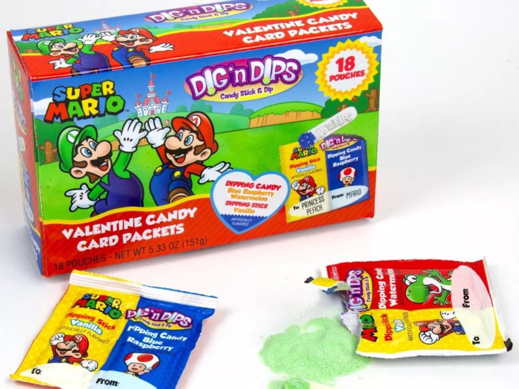 box and individual packets of Super Mario Valentine's Dig N Dips Box