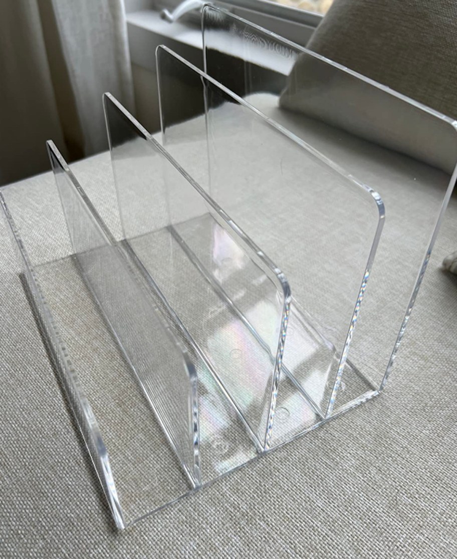 clear acrylic file holder on desk