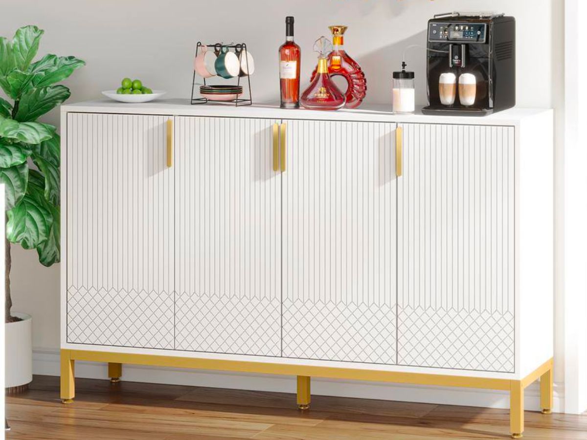 white 4 door Sideboard Buffet being used as a drink station with wine, coffee and sugar set up