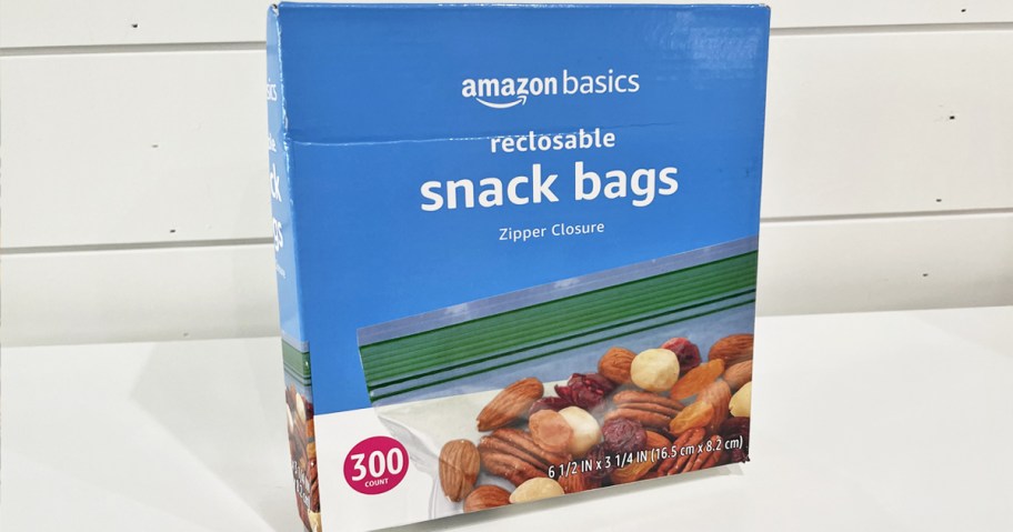 Amazon Basics Snack Storage Bags 300-Count Box on kitchen counter